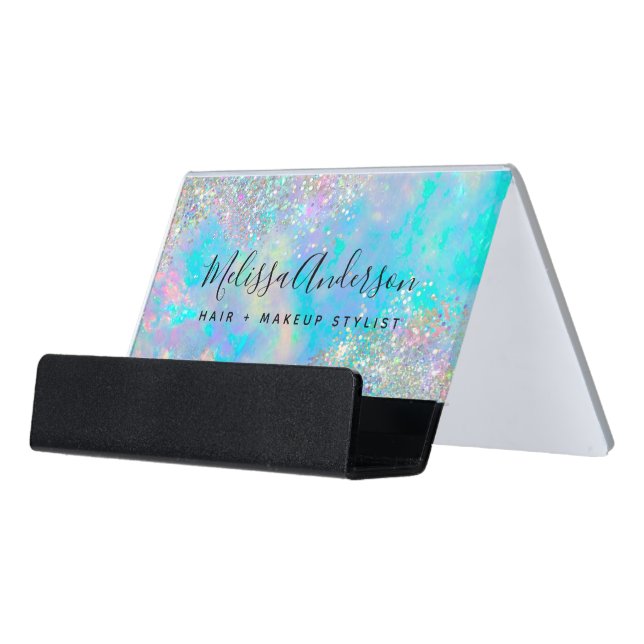 Holographic Opal Stone Glitter  Desk Business Card Holder (Angled Front)