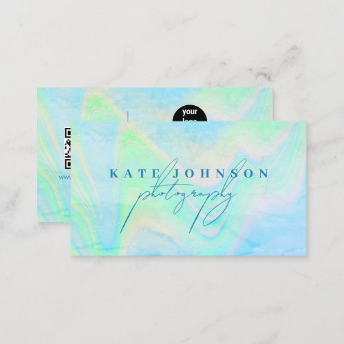 Holographic Opal Stone Marble Script QR Code Blue Business Card