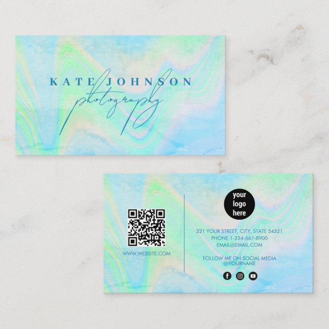 Holographic Opal Stone Marble Script QR Code Blue Business Card (Front/Back)