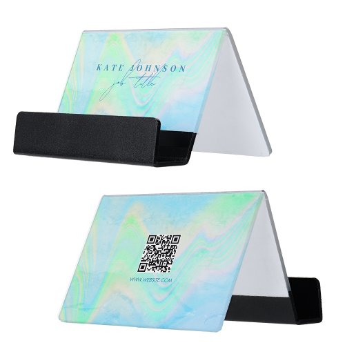 Holographic Opal Stone Marble Script QR Code Blue Desk Business Card Holder