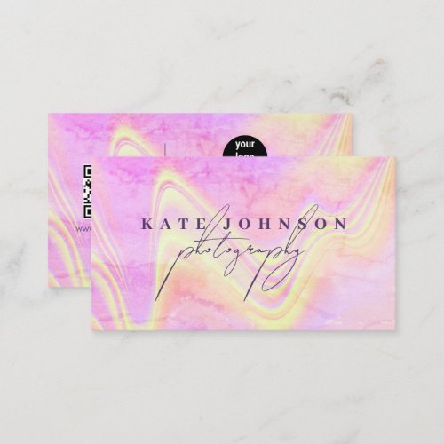 Holographic Opal Stone Marble Script QR Code Business Card