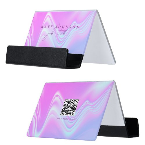 Holographic Opal Stone Marble Script QR Code  Desk Business Card Holder