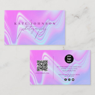 Holographic Opal Stone Marble Script QR Purple Business Card