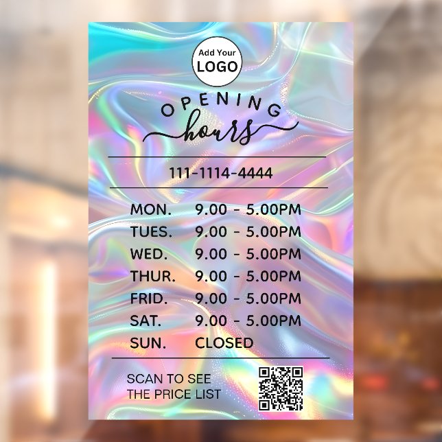 Holographic opening hours logo and qr code window cling (Sheet 2)