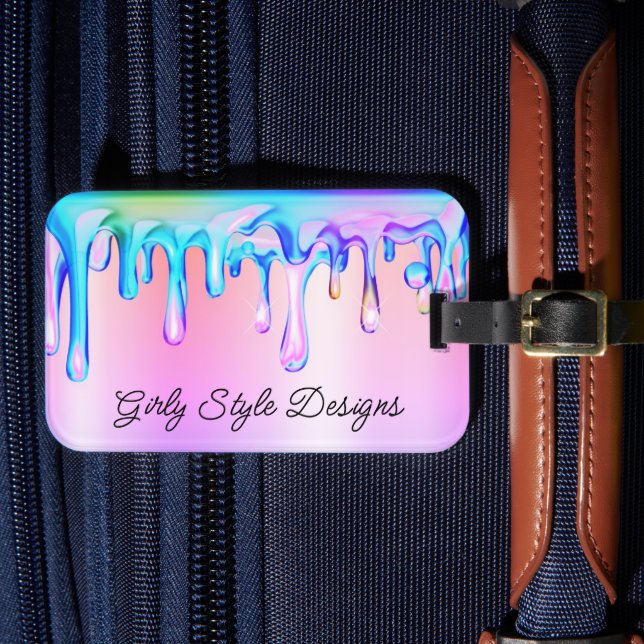 Holographic Paint Drips Pastel Rainbow Ombre Luggage Tag (Front Insitu 4)