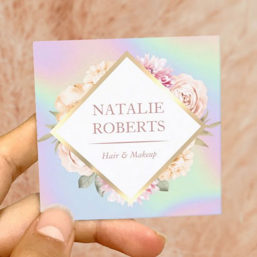 Holographic Pastel Floral Makeup Artist Hair Salon Square Business Card