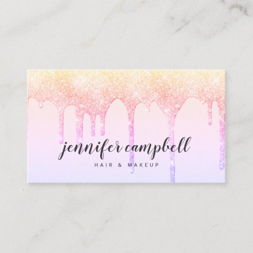 Holographic pastel pink glitter drips makeup hair business card