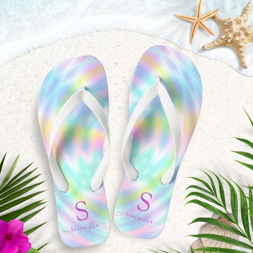 Holographic Pastel Rainbow Monogrammed Summer Flip Flops