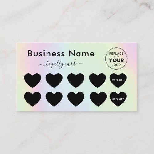 Holographic Pastel Unicorn Heart Discount Add Logo Loyalty Card