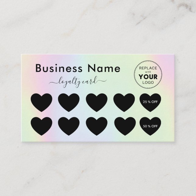 Holographic Pastel Unicorn Heart Discount Add Logo Loyalty Card (Front)