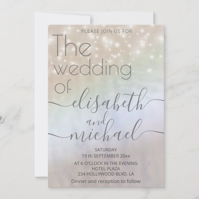 Holographic pearl sparkle romantic  calligraphy invitation (Front)