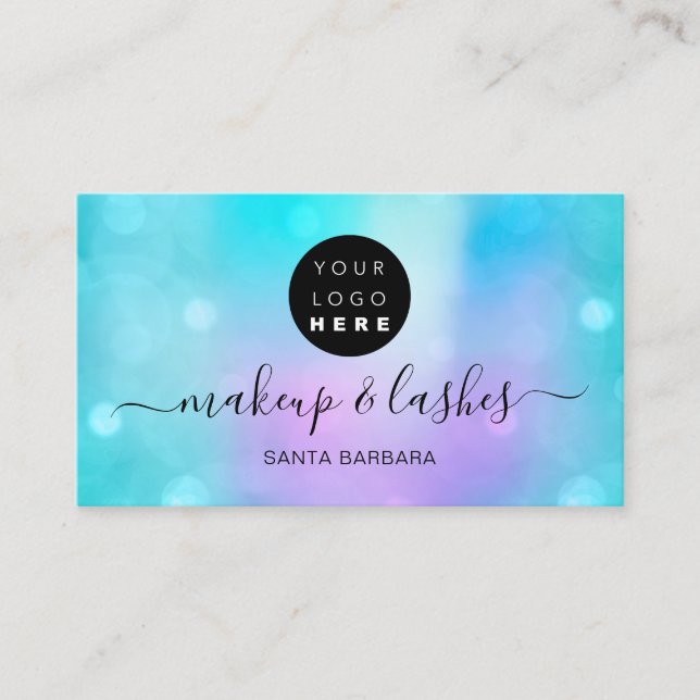 Holographic Pearly Blue Logo Lash Makeup Nails Business Card (Front)