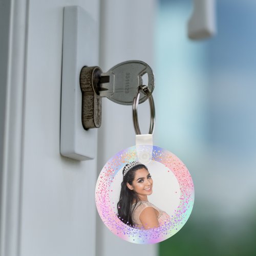 Holographic photo pink purple girl keychain