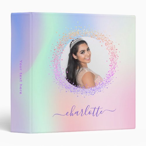 Holographic photo pink purple name script 3 ring binder