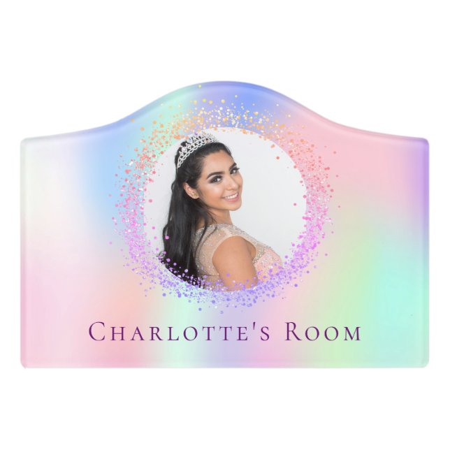 Holographic photo pink purple name script door sign (Small Crest Front)