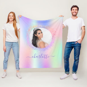 Holographic photo pink purple name script fleece blanket