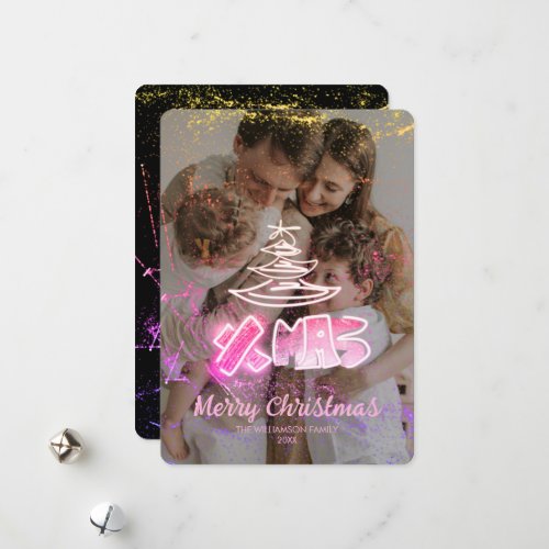 Holographic pink and golden Chic Xmas Glow Photo Holiday Card