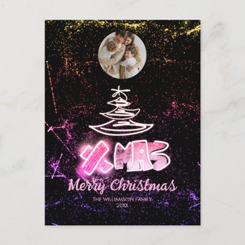 Holographic pink and golden Chic Xmas Glow Photo Postcard
