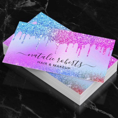 Holographic Pink Blue Glitter Drips Salon  Spa Business Card