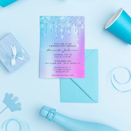 Holographic Pink Blue Glitter Effect Drip Birthday Invitation