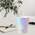 Holographic pink blue green rainbow monogram latte mug<br><div class="desc">A trendy holographic background with unicorn and rainbow pastel colors in pink, purple, rose gold, mint green. Personalize and add a name, written with a modern hand lettered style script with swashes. Purple colored letters. To keep the swashes only delete the sample name, leave the spaces or emoji's in front...</div>
