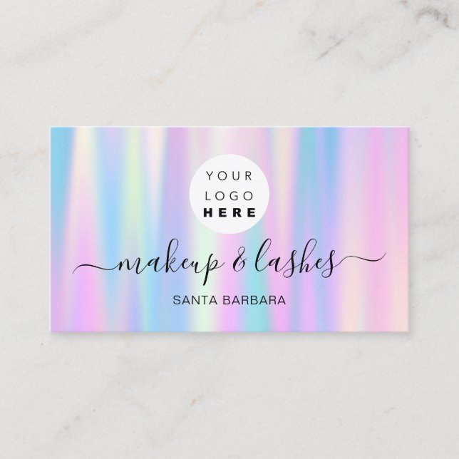 Holographic Pink Blue Logo QR Lash Makeup Nails  Business Card (Front)