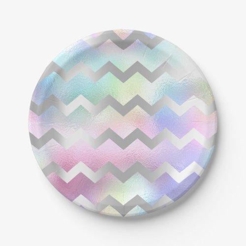 Holographic Pink Blue Unicorn Rainbow Chevron Paper Plates