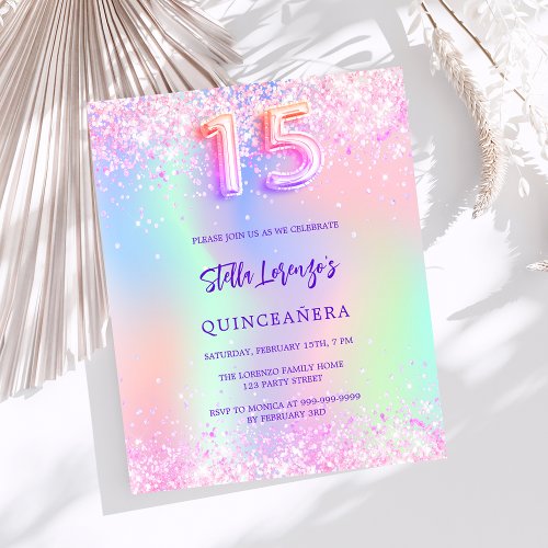 Holographic pink budget Quinceanera invitation