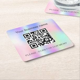 Holographic pink business bar restaurant qr code square paper coaster