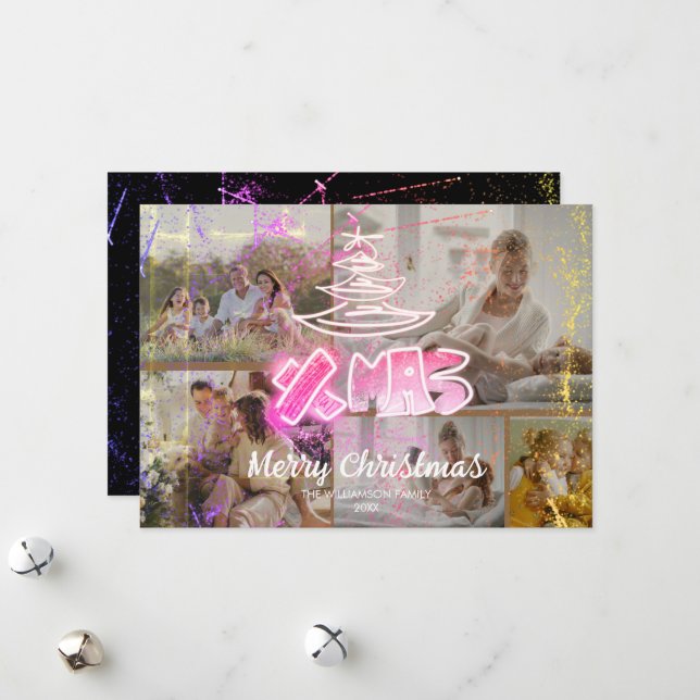 Holographic pink Chic Xmas Glow 5 Photos Holiday Card (Front/Back In Situ)