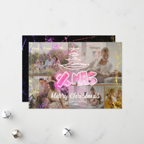 Holographic pink Chic Xmas Glow 5 Photos Holiday Card