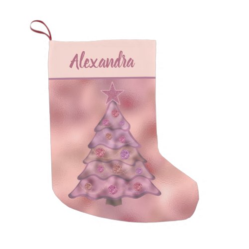 Holographic Pink Christmas Tree Double_Sided Name Small Christmas Stocking