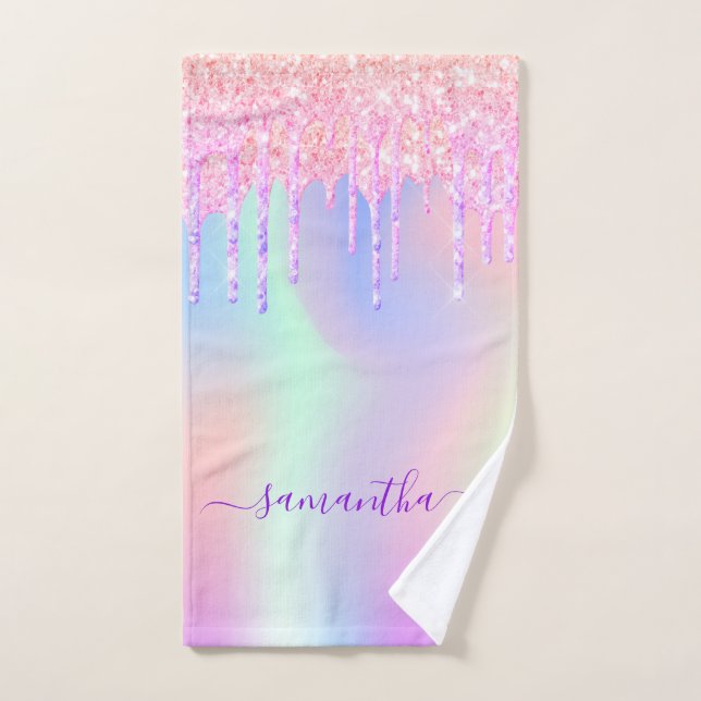 Holographic pink drips name hand towel  (Hand Towel)