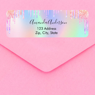 Holographic pink drips return address label