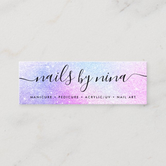 Holographic pink glitter chic script signature mini business card (Front)