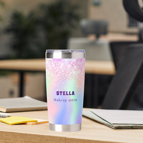 Holographic pink glitter custom name business insulated tumbler