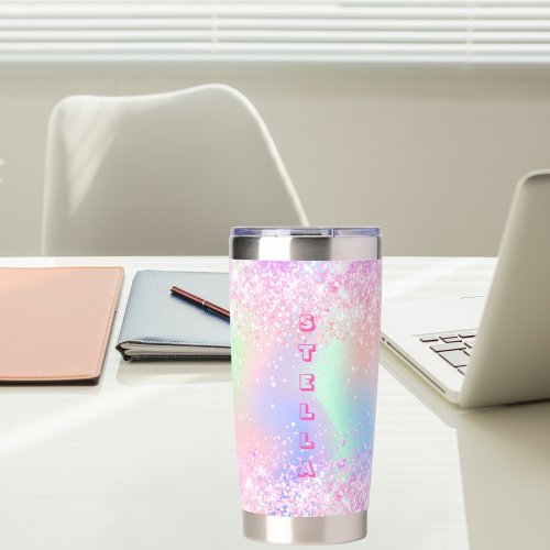 Holographic pink glitter custom name girl insulated tumbler