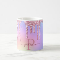 Holographic Pink Glitter Drips Elegant Monogram Coffee Mug