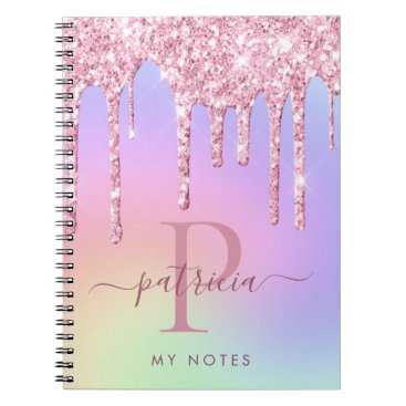 Holographic Pink Glitter Drips Elegant Monogram Notebook