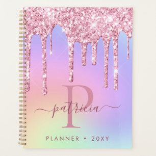 Holographic Pink Glitter Drips Elegant Monogram Planner