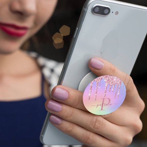 Holographic Pink Glitter Drips Elegant Monogram PopSocket