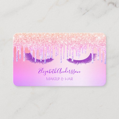 Holographic pink glitter drips makeup eye lashes business card