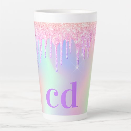 Holographic pink glitter drips monogram latte mug