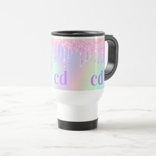 Holographic pink glitter drips monogram travel mug