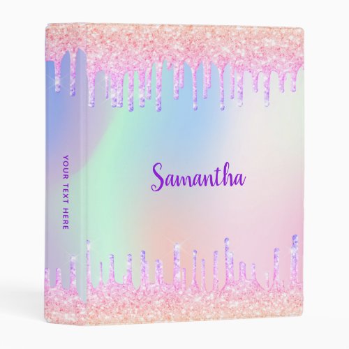 Holographic pink glitter drips name girl mini binder