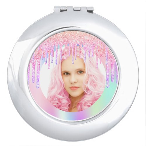 Holographic pink glitter drips photo compact mirror