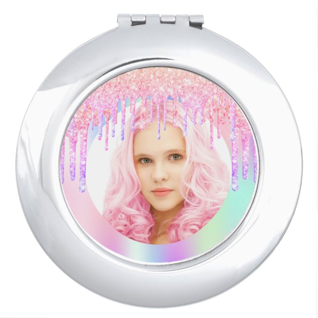 Holographic pink glitter drips photo compact mirror (Front)