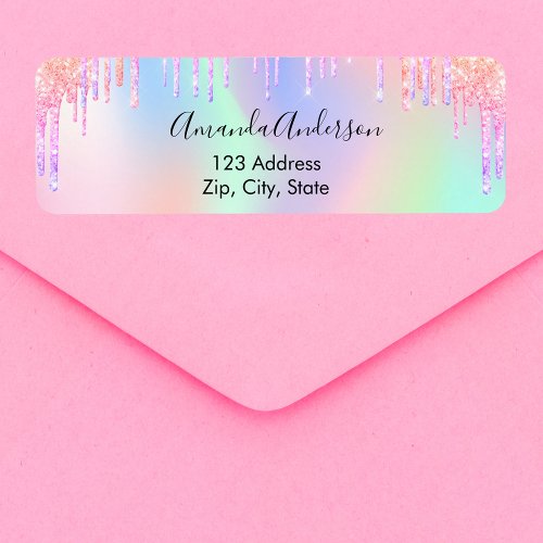 Holographic pink glitter drips return address label