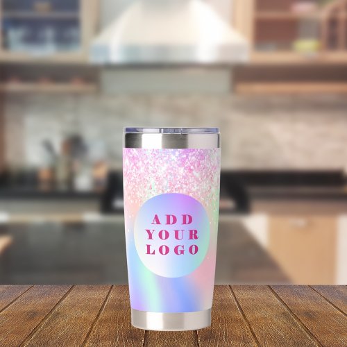 Holographic pink glitter logo business insulated tumbler