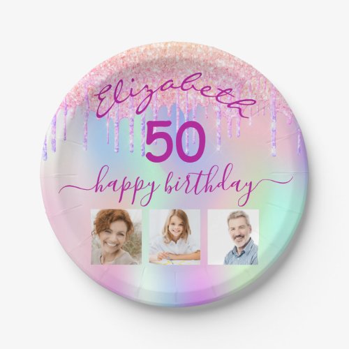 Holographic pink glitter photo collage birthday paper plates